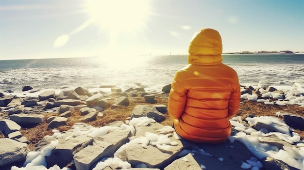 写真 冬の海を見ている人