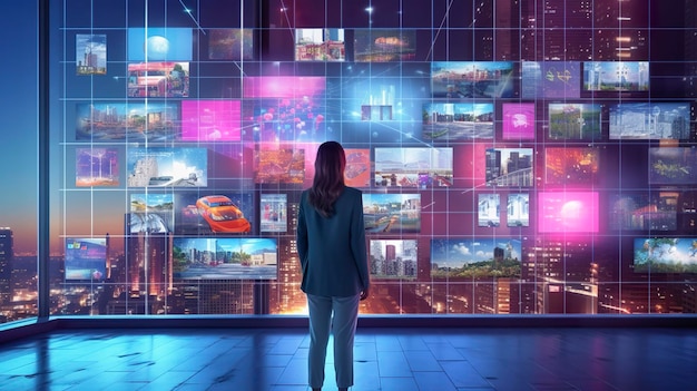 Photo a person watching a video wall with multimedia images on different television screens generative ai