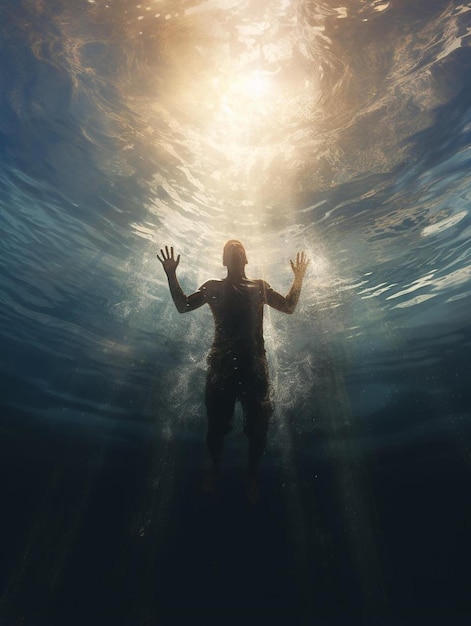 Foto una persona in acqua con il sole che splende dietro di lui