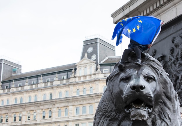 A person waves a European Union flag whilst on top of a lion in Trafalgar Square