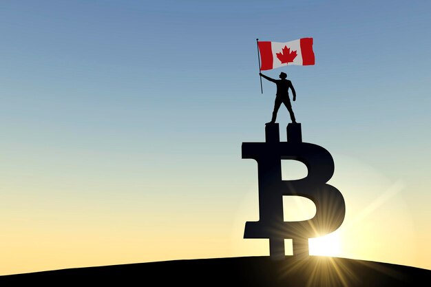 Person waving a canada flag standing on top of a bitcoin cryptocurrency symbol d rendering