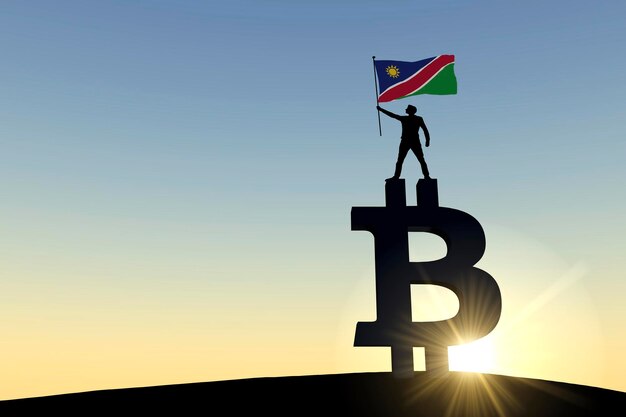 Person waving a namibia flag standing on top of a bitcoin cryptocurrency symbol d rendering