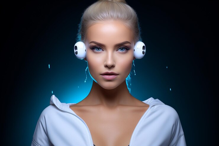 Photo person wearing airpods while participating in a virtual fitness class
