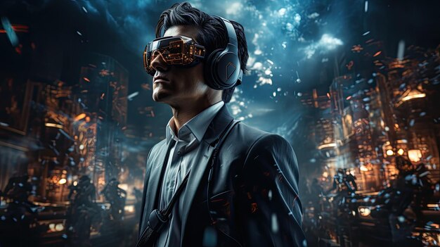 Человек, носящий очки дополненной реальности и взаимодействующий с миром 3D-искусства