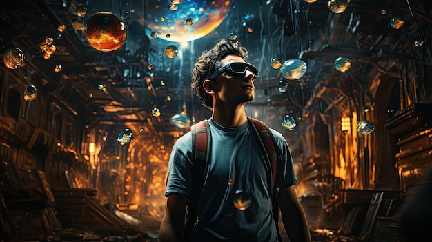 Человек, носящий очки дополненной реальности и взаимодействующий с миром 3D-искусства