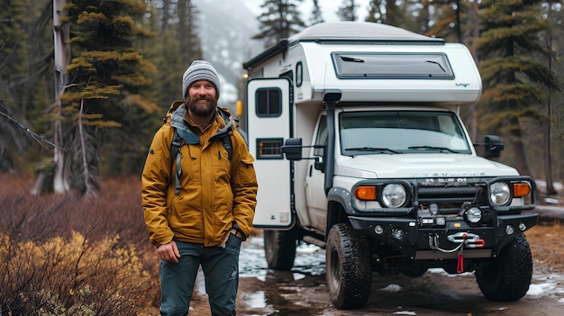 A person wearing a beard standing next to an RV