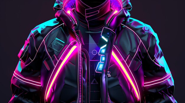 A person wearing a black futuristic jacket with glowing pink and blue lights