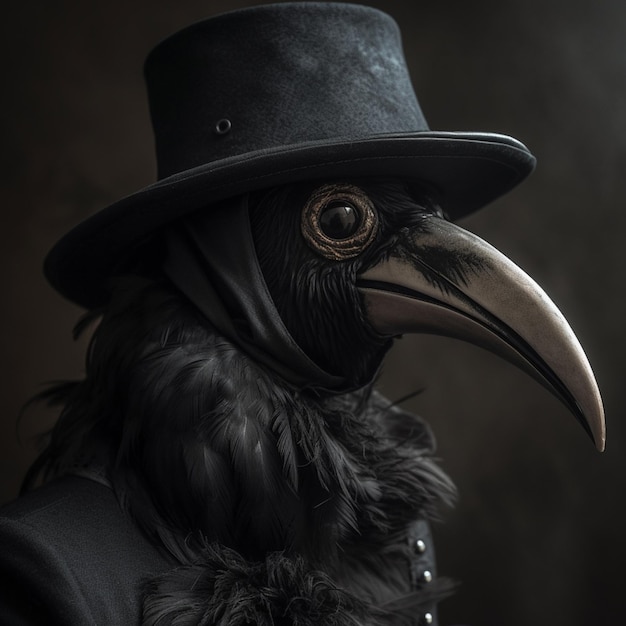 A person wearing a black hat with a beak that says'the word bird'on it.