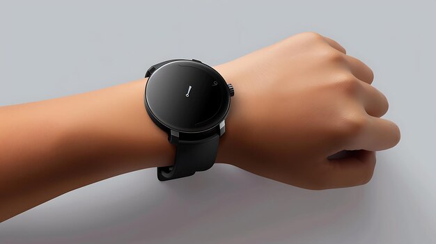 Photo a person wearing a black round smartwatch on their left wrist