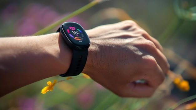 Foto una persona che indossa uno smartwatch nero con un display colorato sta controllando la sua frequenza cardiaca mentre fa esercizio fisico