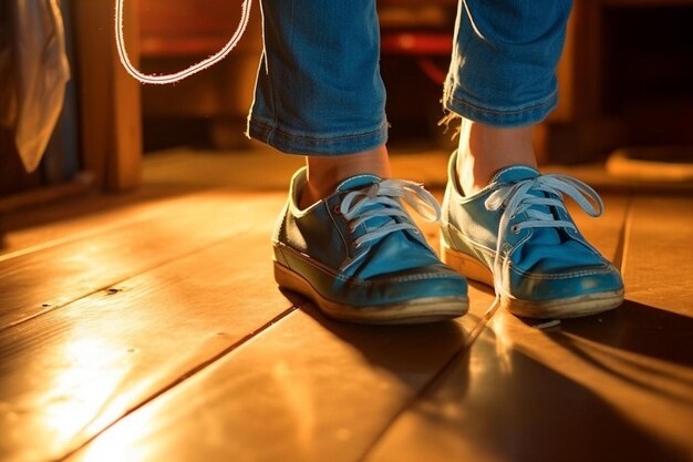 a person wearing blue shoes stands on a wooden floor