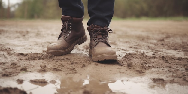 A person wearing brown boots stands in a muddy puddle on a dirt road.