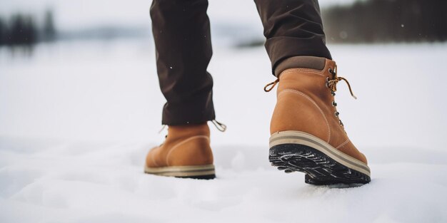 茶色のブーツを履いた人が雪の中に立っています。