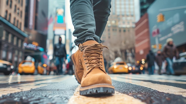 A person wearing brown boots walks down a city street sidewalk