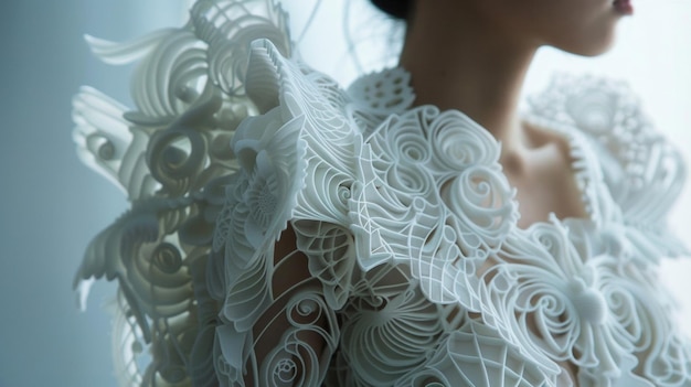 A person wearing a d printed dress made from a flexible rubberlike material the dress is intricately