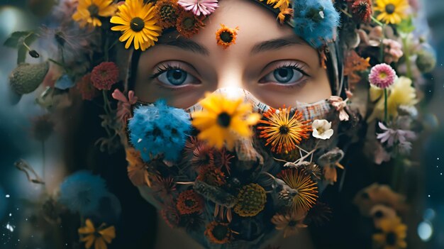 a person wearing a face mask surrounded by various elements representing biological sources