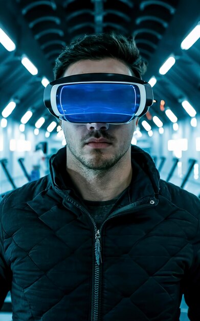 Person wearing futuristic high tech virtual reality glasses