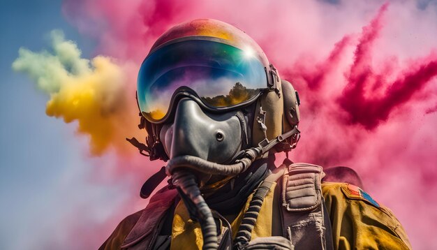 Photo a person wearing a gas mask and a red smoke behind them