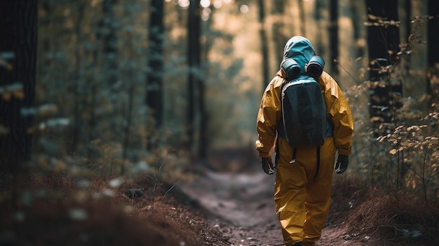 A person wearing a gas mask walks through a forest.