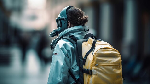 A person wearing a gas mask and a yellow backpack