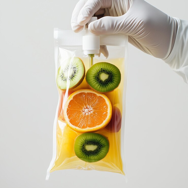 a person wearing a glove holding a bag of kiwi fruit