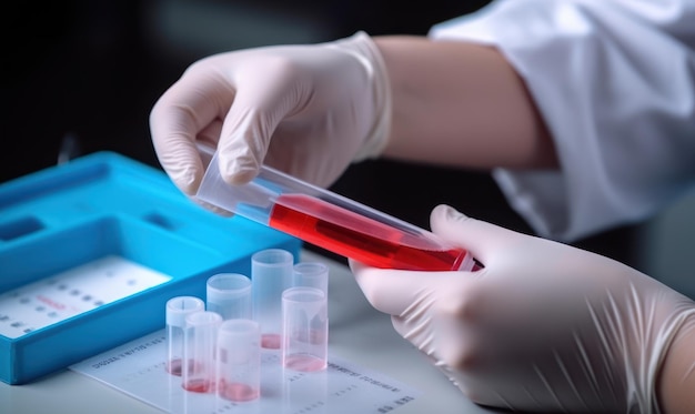 A person wearing a glove holds a red liquid in a test tube.