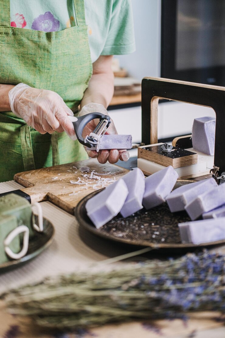 Photo person wearing gloves cuts and labels handmade lavender soap bars on a kitchen counter themes