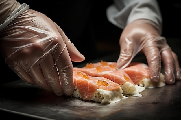 a person wearing gloves is cutting meat on a cutting board