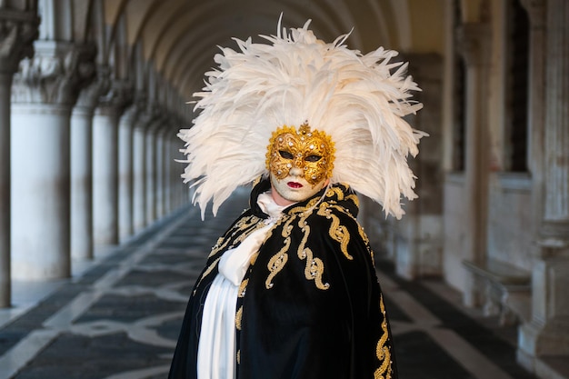 Person wearing a gold facemask and carnival costume standing in Doge's Palace Venice Italy