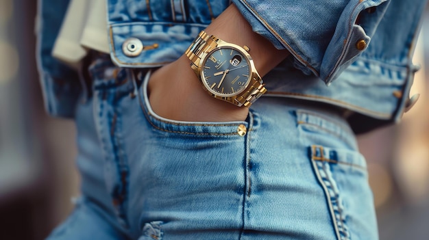 Photo a person wearing a gold wristwatch with a blue dial the watch is made of stainless steel and has a classic design