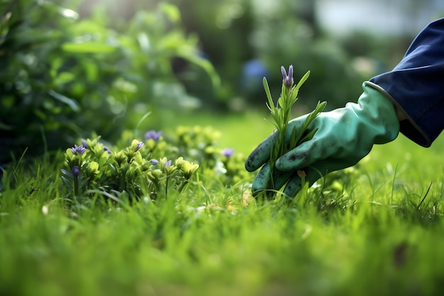 緑の手袋をした人が庭に花を植えています。