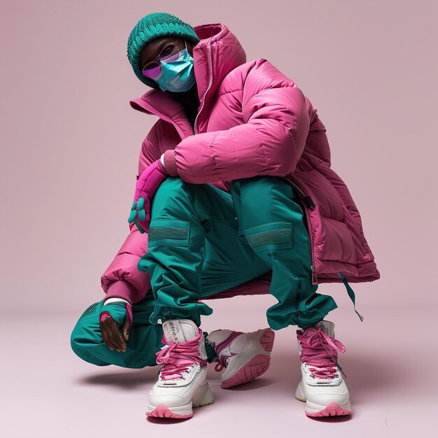 Photo a person wearing a green hat and a pink jacket with a green hood