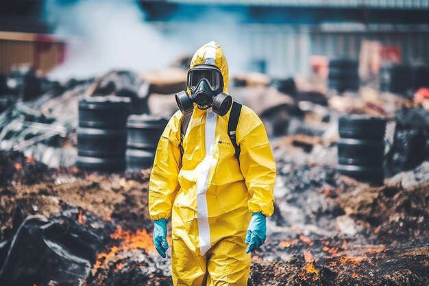 Foto persona che indossa una tuta per materiali pericolosi che esegue prove in un'area contaminata