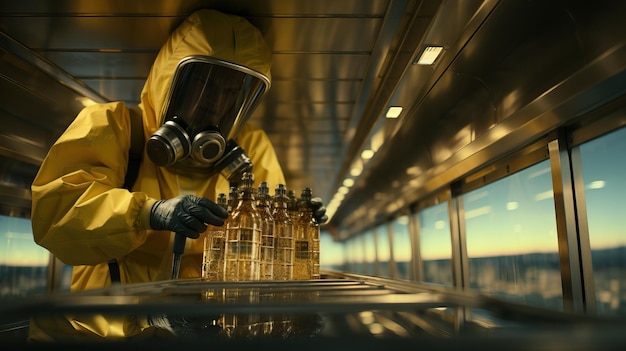 человек в защитном костюме и маске смотрит на бутылки