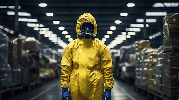 a person wearing a hazmat suit and mask