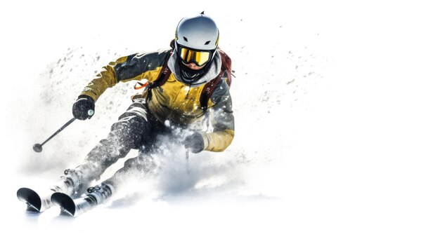 a person wearing a helmet and goggles is skiing down a snowy hill.