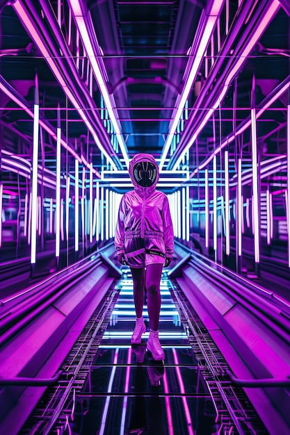 Photo a person wearing a helmet and standing in a room with neon lights