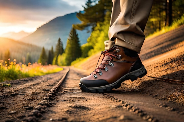 A person wearing a hiking boot stands on a dirt road.