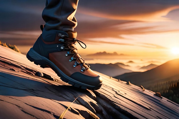 A person wearing a hiking boot stands on a mountain top.