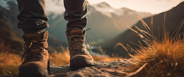 Photo a person wearing a hiking boot stands on a rocky surface with mountains in the background.