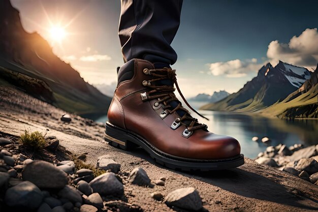 Foto una persona che indossa scarpe da trekking si trova su una roccia di fronte a un tramonto