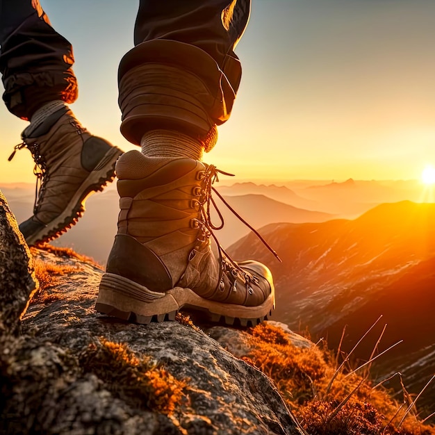 A person wearing hiking boots stands on a rock in the mountains.