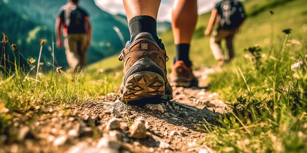 Foto una persona che indossa scarpe da trekking cammina su un sentiero in montagna.