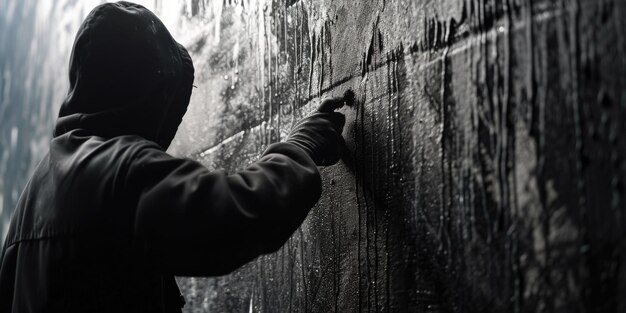 Foto una persona che indossa una giacca con cappuccio è vista scrivere su un muro questa immagine può essere usata per ritrarre graffiti arte urbana o espressione creativa