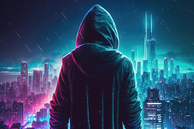 A person wearing a hooded sweatshirt standing on the rooftop of a building in a cityscape at night Generative AI