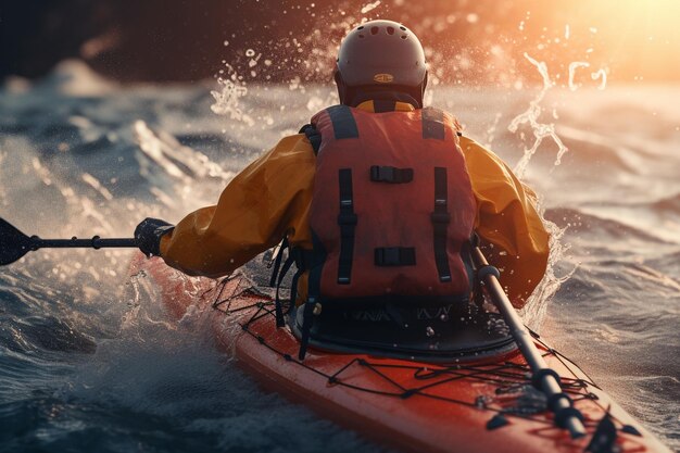 A person wearing a life jacket while kayaking Generative ai