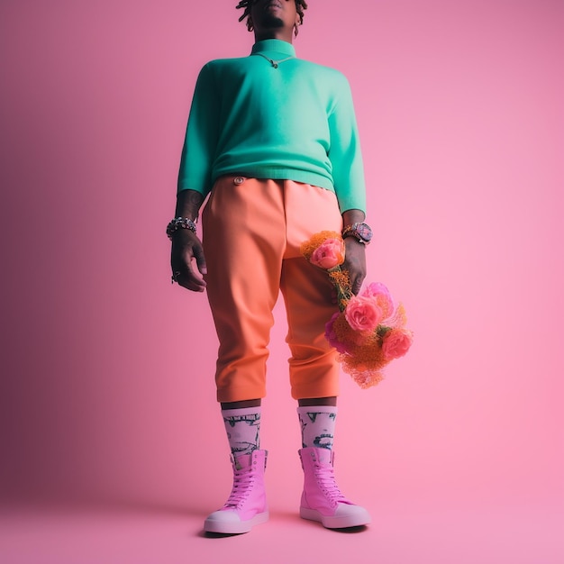 a person wearing orange pants and a green sweater with a pink pom pom pom pom