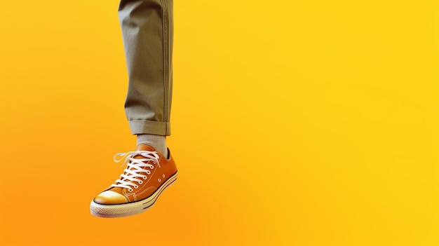 A person wearing orange shoes is suspended in the air.