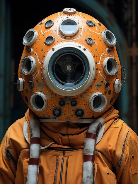 a person wearing an orange suit with a gas mask on it