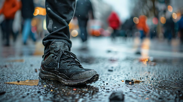 A person wearing a pair of black shoes is walking down a wet city street the shoes are made of a waterresistant material and have a rugged sole